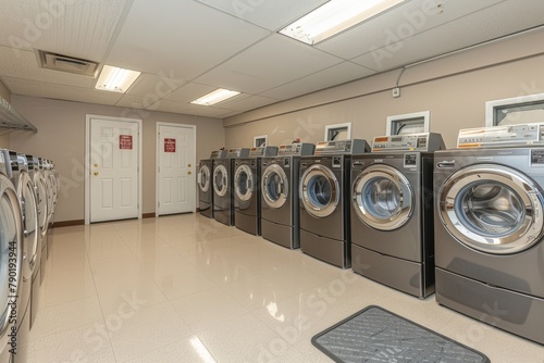 A high-tech laundry room featuring the latest in energy-efficient washing machines and dryers, space for text at the bottom photo