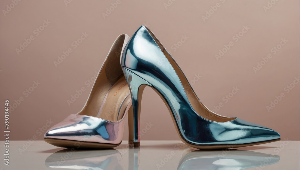 a pair of high-heeled feminine dress shoes made of shiny silver chrome material a pair of high-heeled feminine dress shoes made of shiny silver chrome material