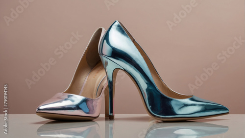 a pair of high-heeled feminine dress shoes made of shiny silver chrome material