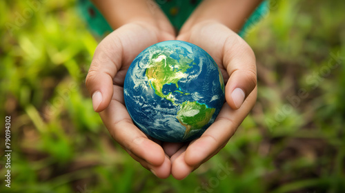 A simple image of hands cradling a small globe, set against a natural backdrop to emphasize environmental stewardship. , background