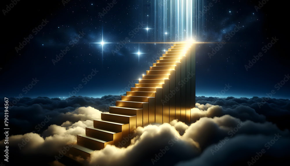 concept of economic growth, a golden staircase ascending into the clouds against a dark, starry night sky concept of economic growth, a golden staircase ascending into the clouds against a dark, starry night sky