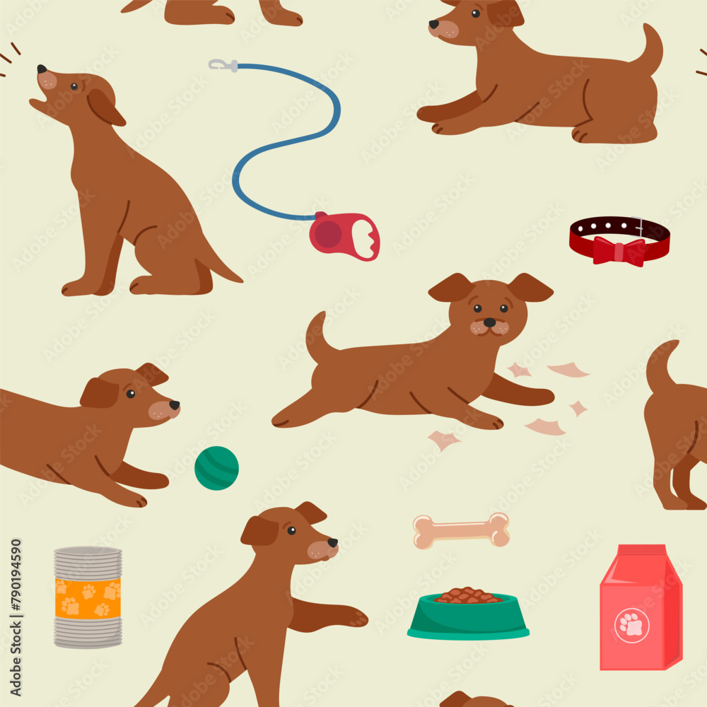 Cute puppies and pet products food, toys. Color background. Seamless pattern. - obrazy, fototapety, plakaty 
