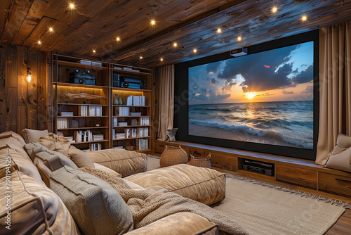 A cozy home theater with plush seating, soft blankets, and an overhead projector showing a movie on the large screen. Created with Ai photo