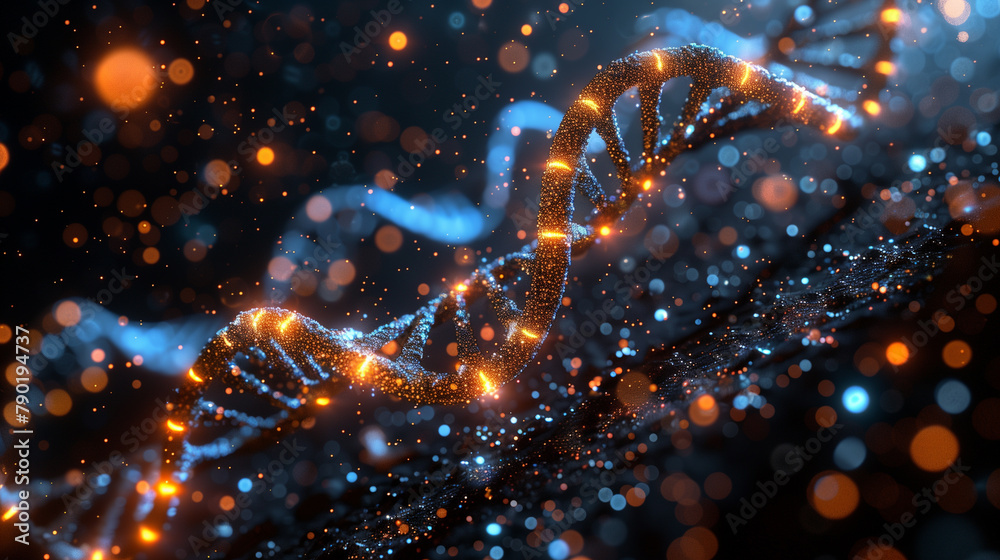 DNA structure, genetic code isolated on black background, science with scientific and abstract.