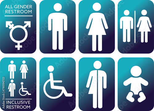 modern inclusive and all gender toilet restroom icons symbol set