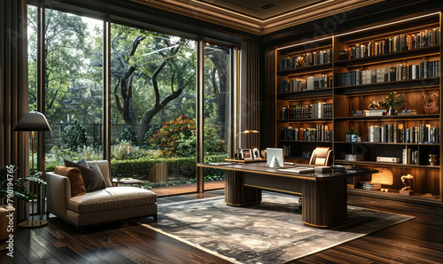 Modern luxury home office, dark wood desk and bookshelves, large window with view of forest, midcentury modern style, highend interior design, warm lighting. Created with Ai photo