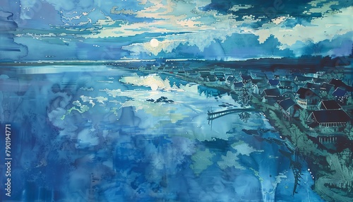 Create a dynamic aerial perspective of a serene lakeside town at dusk, blending vibrant hues of acrylic paints to portray the tranquil setting, complete with reflections of the sky on the crystal-clea