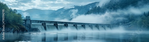 A powerful image of water flowing through a hydroelectric dam, surrounded by misty mountains, with text space on the right