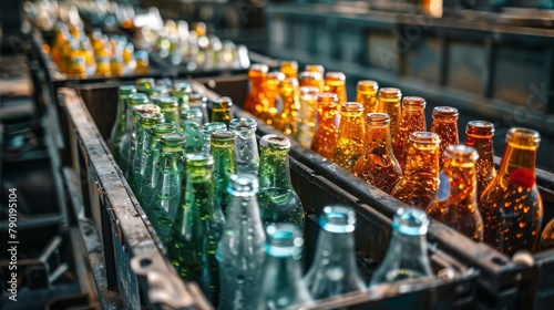 A series of images showing the transformation of glass bottles through the recycling process, from collection to reshaping, with ample text space at the top photo