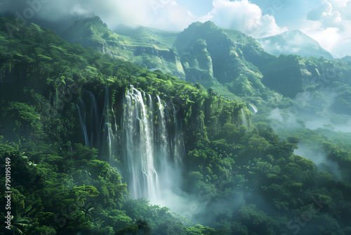 Massive waterfall running down a lush green mountain. In the backround are several massive mountains