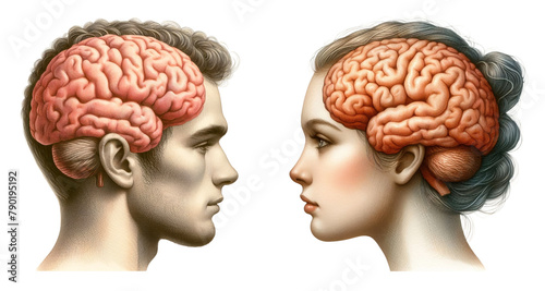 Man and woman head with brain vintage illustration isolated on transparent background. AI generative