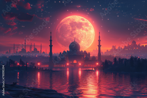  A beautiful mosque silhouette with the setting sun in front of it, reflecting on calm waters and creating an enchanting scene. Created with Ai