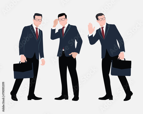 An office going businessman wearing glasses is carrying a briefcase. businessman waves goodbye to his family. Businessman character illustration in different poses isolated on a white  background.
