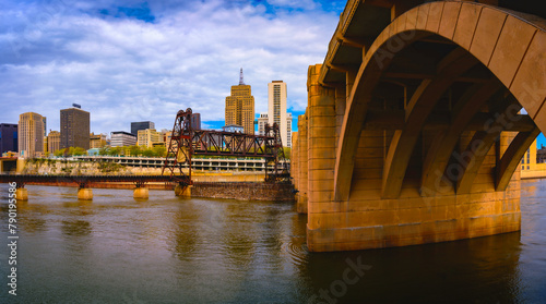 St. Paul City in Minnesota, skyline, skyscrapers, and the Robert Street Bridge over Mississippi River in the Upper Midwestern United States © Naya Na