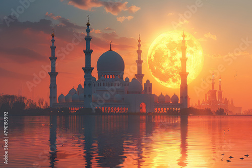 A silhouette of the iconic mosque in the west with an orange sunset and moon reflection on the water. The sun sets behind it, casting long shadows over its white walls and domes. Created with Ai