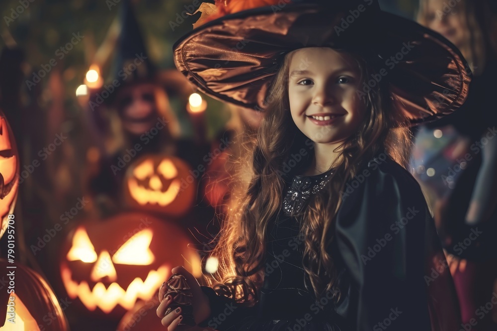 Children in costumes go from house to house for sweets and candy on Halloween. little kids for Halloween and pumpkin Children in costumes go from house to house for sweets and candy on Halloween. little kids for Halloween and pumpkin