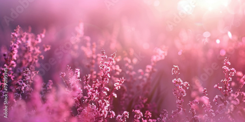 Serene field of pink flowers illuminated by the sun filtering through the trees and grass
