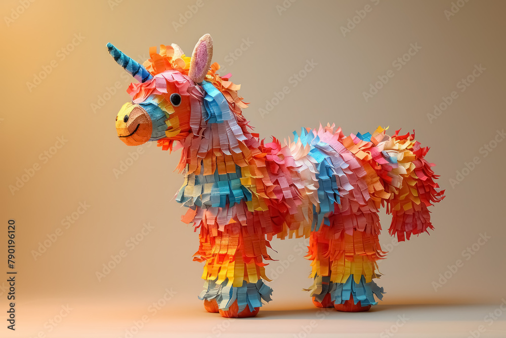 multicolored piñata in unicorn shape with festive background for party