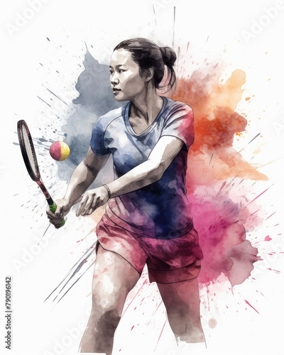 woman badminton player on white background