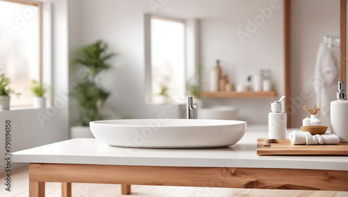 Two vessel sinks sit on a wooden counter in front of a large window.

