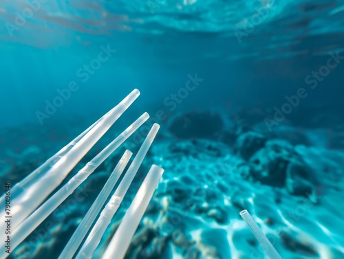 A bunch of plastic straws are floating in the ocean. Concept of environmental concern and the need to reduce plastic waste