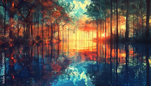 Create a surreal digital artwork of a mystical forest at sunset  with towering trees casting long shadows on a pond mirroring a glowing sky Add whimsical creatures hidden in the reflection