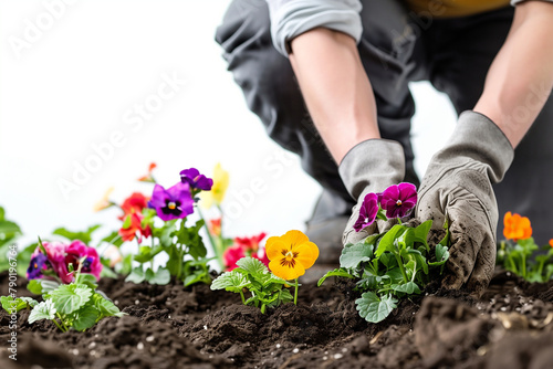 close-up of a gardener planting flowers, with the white background symbolizing the blank canvas of nature they work with, illustrating the creativity and nurturing aspect of the jo