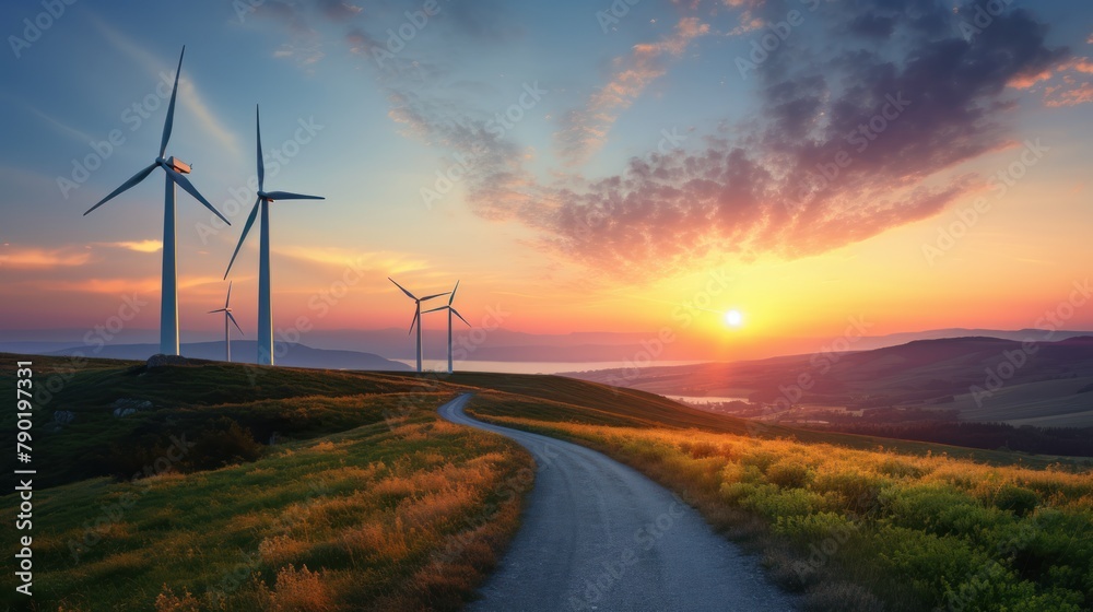 Obraz premium Landscape of a wind turbine field with beautiful mountains,wind turbines ,clean energy to create a brighter, greener, 