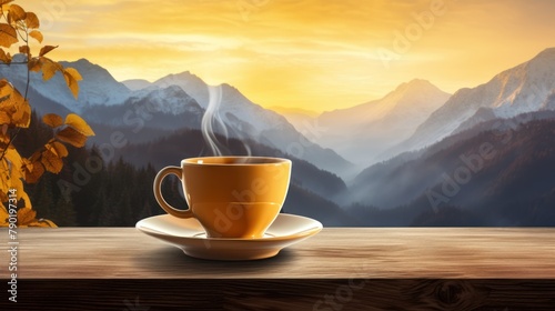 Hot coffee cup on table with beautiful mountain view, beverage background with nature photo