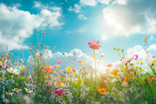 Vibrant Spring Meadow, Colorful Wildflowers Under Sunny Skies