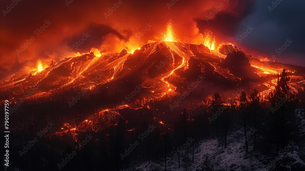 Naklejka premium Active Volcano, volcanic birth, fire and ash, distant eruption, nights flame, molten descent