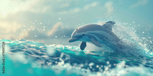 Beautiful 3D ing of a dolphin jumping out of the water on a sunny day