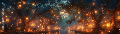 Enchanted forest festival, lantern lit trees, forest celebration painting, festival ground, festive lights, communal joy