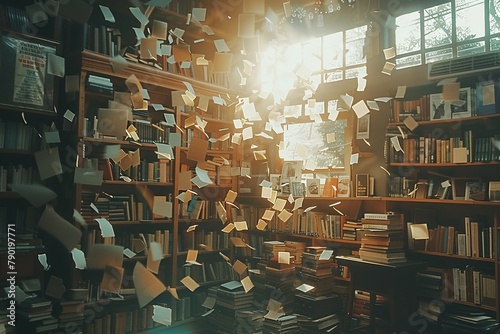Enchanted library  floating books  literary magic scene  book swirl  morning enlightenment  boundless knowledge 