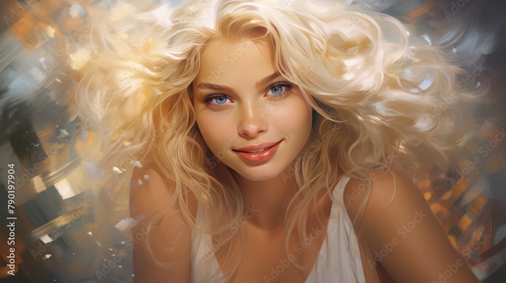 A close-up portrait of a smiling brunette model with long, curly hair and glamorous makeup A close-up portrait of a smiling brunette model with long, curly hair and glamorous makeup