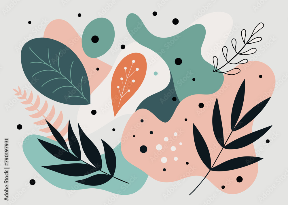 Infinity of beauty: modern vector illustrations with organic patterns, dots and leaves on a white background in pastel colors.