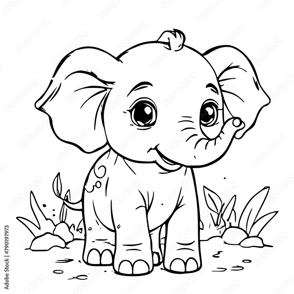 Cute cute elephant posing with plants around outline doodle cartoon illustration. Bold and easy coloring book page activity for kids and adults. Created with Generative AI Cute cute elephant posing with plants around outline doodle cartoon illustration. Bold and easy coloring book page activity for kids and adults. Created with Generative AI