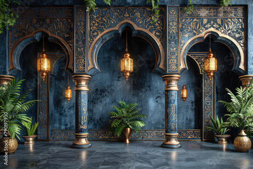  3d wallpaper, elegant blue and gold moroccan backdrop wall with curtains, arched doorways, flower garlands hanging from the ceiling. Created with Ai photo
