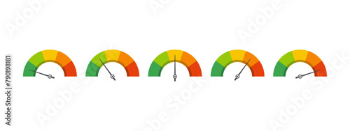 Dashboard colorful speedometer icons set. Tachometer icon isolated. Performance indicator sign. Car speed. Fast internet speed sign. Tachometer, speedometer, indicators, score. Customer satisfaction.