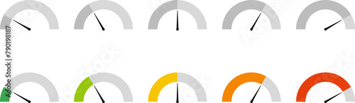 Dashboard colorful speedometer icons set. Tachometer icon isolated. Performance indicator sign. Car speed. Fast internet speed sign. Tachometer, speedometer, indicators, score. Customer satisfaction. © Volodymyr