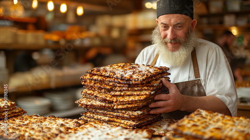 7. Matzah Baking: In a rustic bakery, a Rabbi oversees the baking of traditional matzah, the unleavened bread of Passover. Flour swirls in the air as skilled hands knead the dough photo