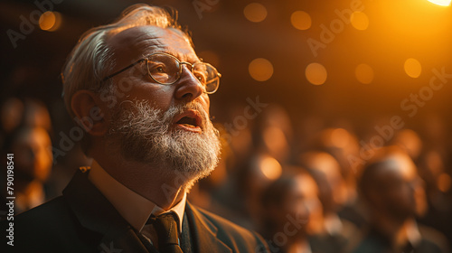 8. Unity in Worship: In the heart of a bustling synagogue, a Rabbi leads his congregation in spirited song and prayer, the air alive with the fervent energy of communal worship. Vo