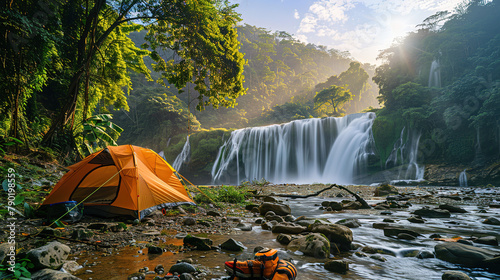 Traveling and camping in a camp near Tee Lo Su Waterfall, Tak Province, Thailand. photo