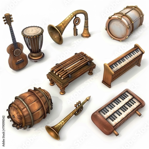 An assortment of isometric 3D icons representing various musical instruments, including keyboards, guitars, and wind instruments.. photo