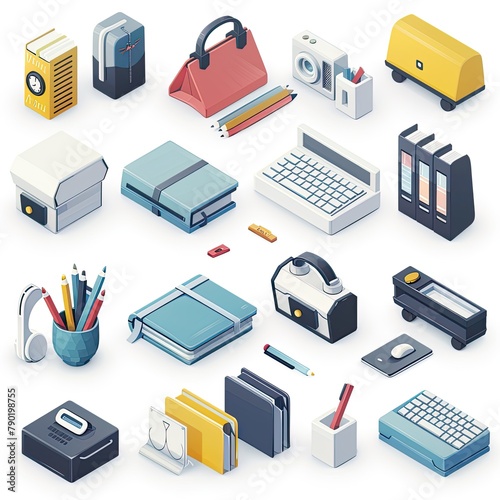 A bright and modern set of isometric 3D icons representing office supplies and equipment, including folders, vehicles, and gadgets, in flat style..