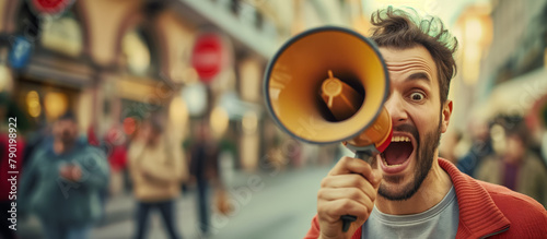 Young man in a red jacket energetically shouts into a bullhorn on a busy city street.