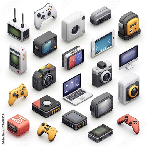A set of isometric 3D icons featuring a variety of electronic devices and accessories, from gaming controllers to classic cell phones, against a dark background..