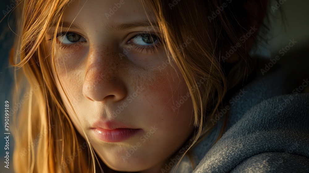 Melancholic Innocence: Portrait of a 10-Year-Old Blonde Girl with a Solemn Expression, Natural Sunlight and Shadows 

