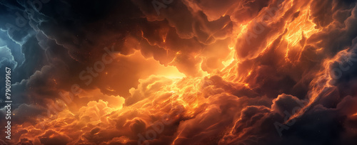 Awe-inspiring cloudscape that blazes with fiery colors, the dramatic interplay of light creating a turbulent sky spectacle.