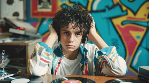 A boy sitting at a desk cluttered with 90s tech accessories like CDs and wired headphones, with a colorful graffiti wall in the background.
